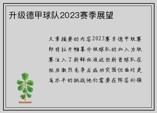 升级德甲球队2023赛季展望
