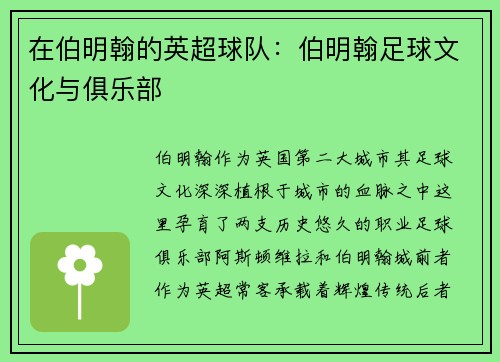 在伯明翰的英超球队：伯明翰足球文化与俱乐部