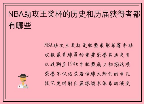 NBA助攻王奖杯的历史和历届获得者都有哪些